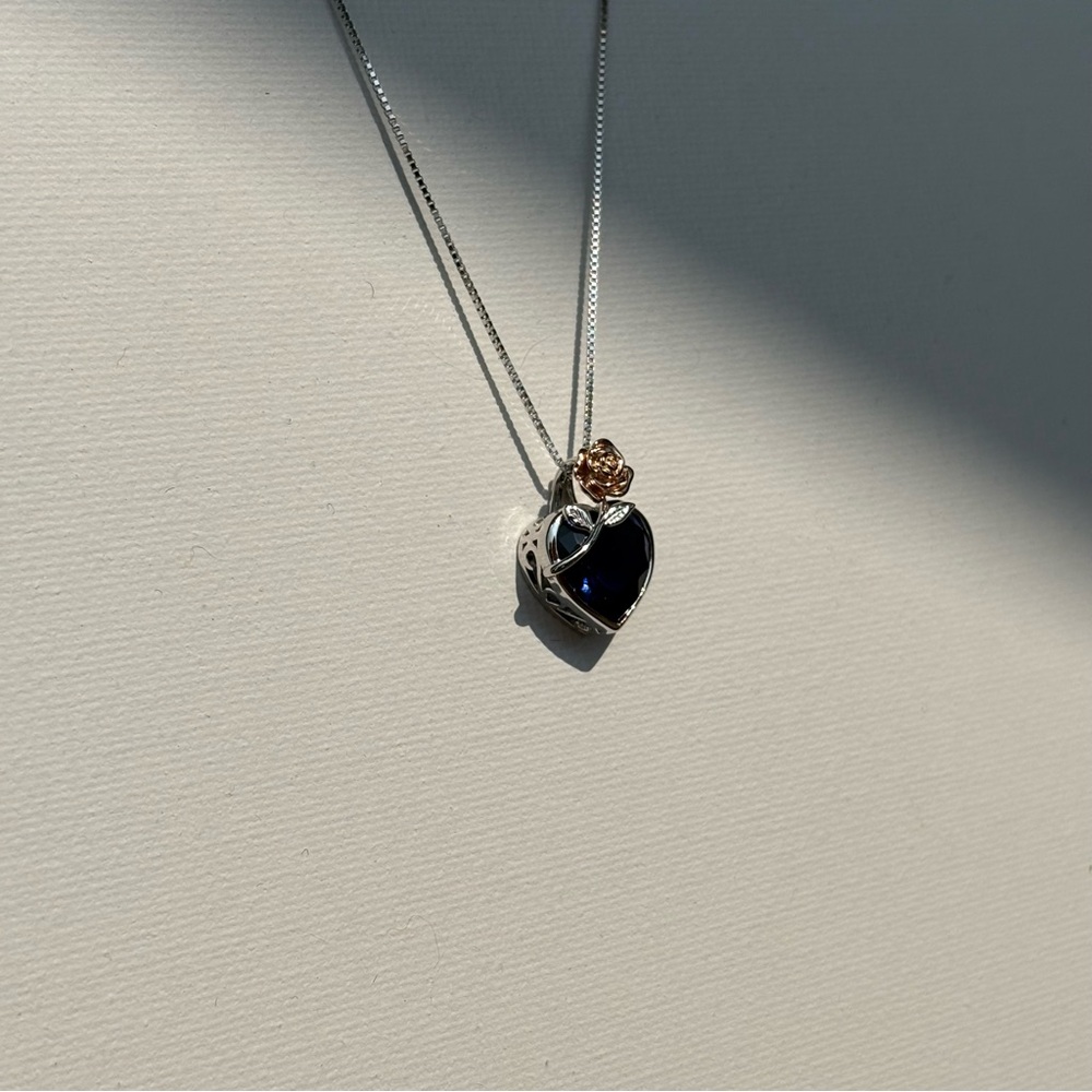 Sapphire Heart Necklace | Silver & Rose Gold Rose Detail | Romantic & Elegant